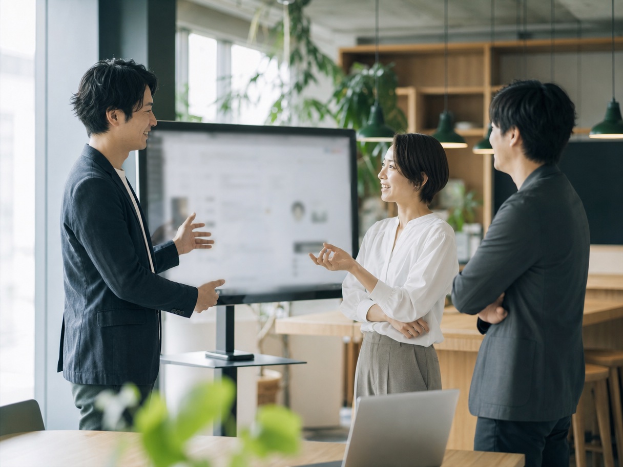モニタを囲んで議論するビジネスパーソン（イメージ）